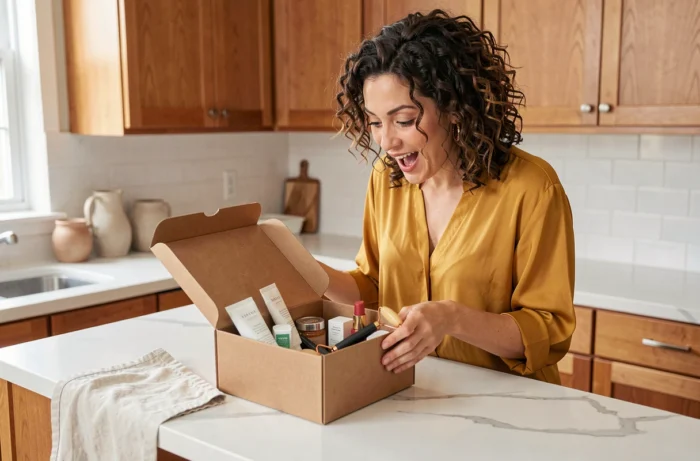 Femme aux cheveux bouclés ouvrant une box beauté livrée à domicile sur un comptoir en marbre blanc dans une cuisine moderne