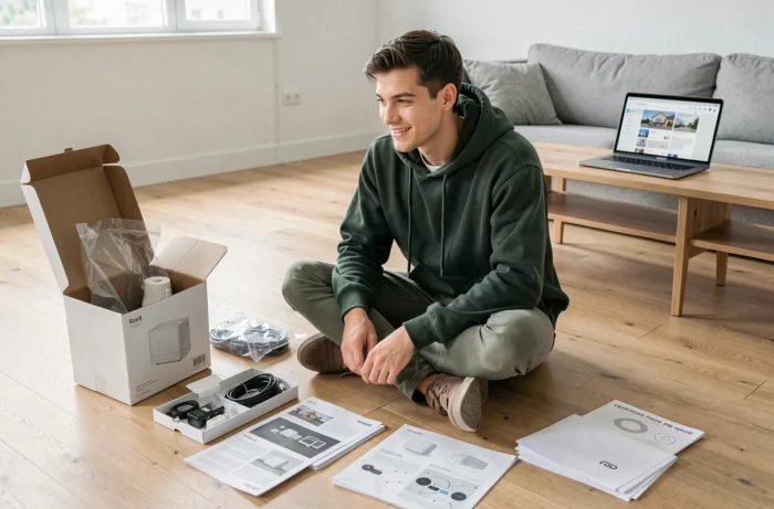 Jeune homme déballant et configurant un kit domotique connecté dans un salon moderne