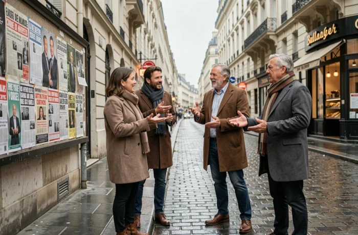 Groupe de citoyens français débattant de l'actualité dans une rue parisienne
