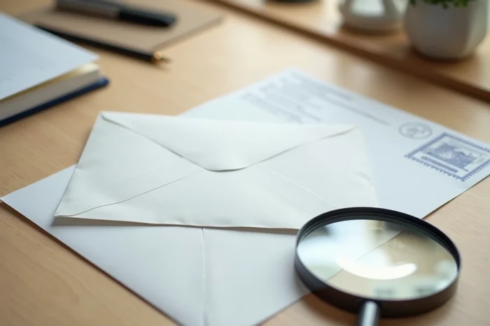 Vue détaillée d'un courrier administratif officiel avec tampon et cachet postal sur un bureau, accompagné d'une loupe pour vérifier les éléments d'authenticité