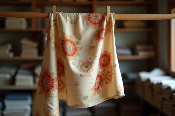 Détail d'une manche de kimono en soie brodée de chrysanthèmes or dans un atelier textile de Kyoto