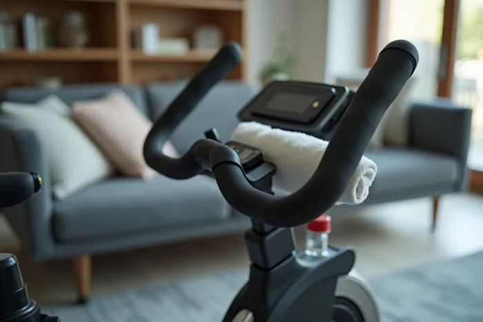 Détail du tableau de bord et du bouton de résistance d'un vélo de spinning dans un appartement moderne
