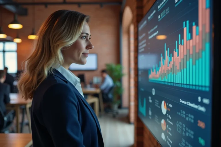 Dirigeante de PME analysant un tableau de bord de croissance B2B sur écran mural dans un bureau moderne