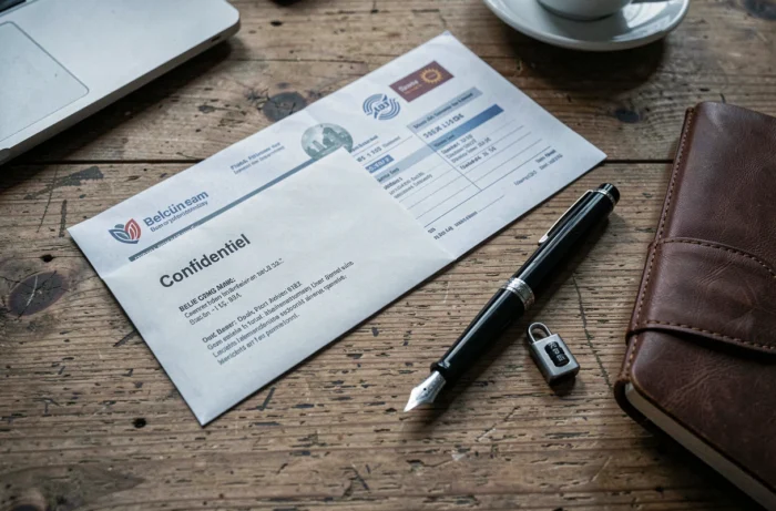 Bureau avec documents bancaires confidentiels, cadenas et stylo symbolisant la protection des données financières en Belgique