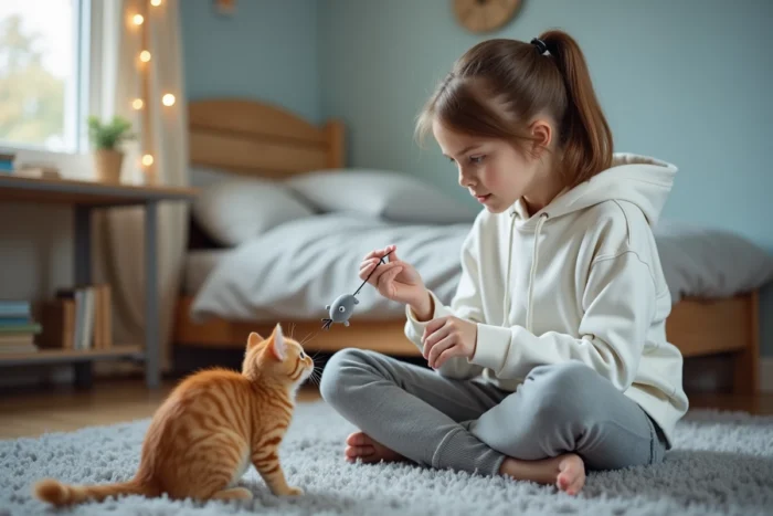 Adolescente pratiquant le renforcement positif avec son chat roux dans une chambre confortable