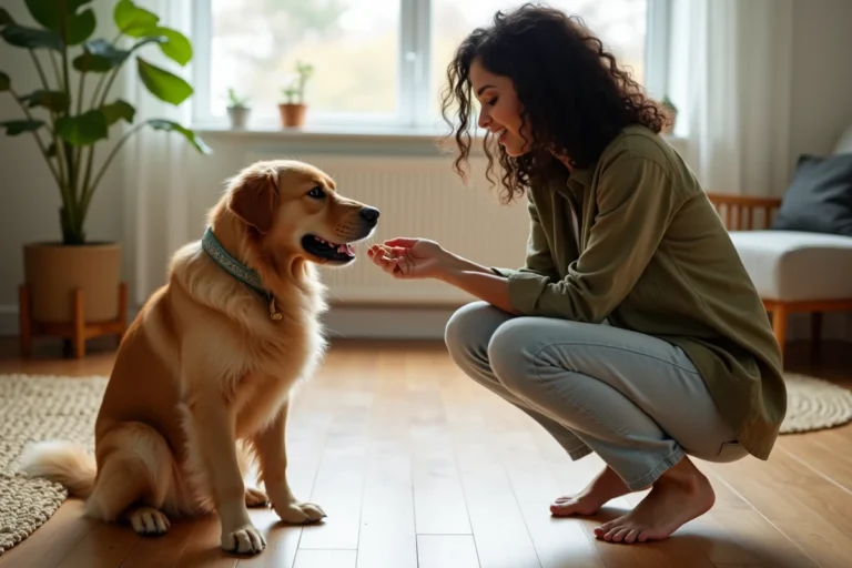 Femme pratiquant l'éducation positive avec son chien golden retriever à l'intérieur d'un salon moderne