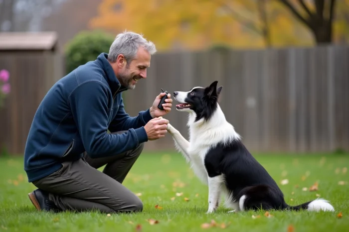 Homme utilisant un clicker pour entraîner son border collie dans un jardin en automne