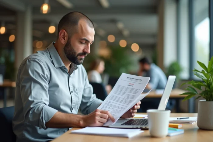 Employé étudiant la méthode ADKAR sur un manuel de formation dans un bureau en open space