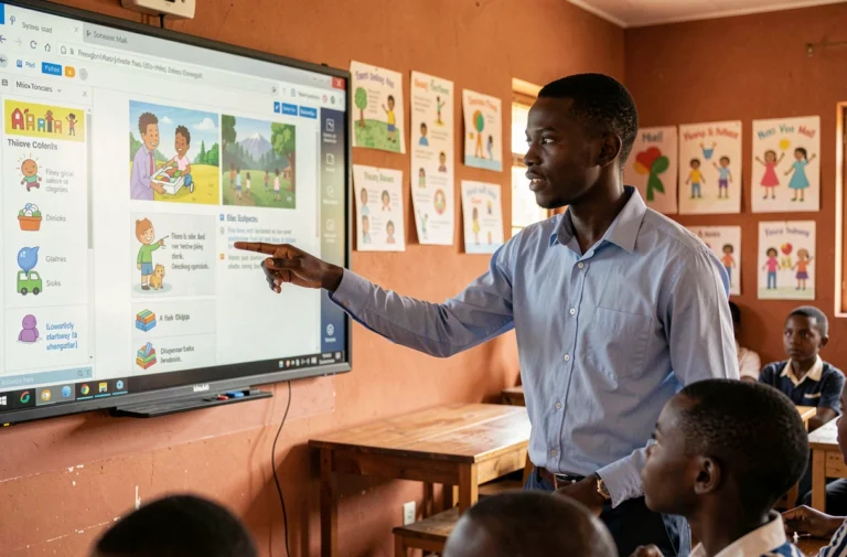 Enseignant africain utilisant un tableau numérique interactif avec des ressources éducatives Sankore dans une salle de classe moderne au Mali