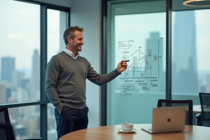 Entrepreneur masculin présentant une feuille de route stratégique sur tableau blanc dans une salle de réunion startup
