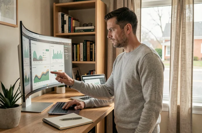 Entrepreneur en télétravail analysant des données analytiques pour optimiser les services de son entreprise
