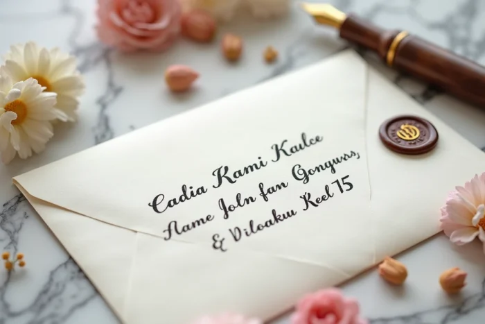 Gros plan sur une enveloppe de mariage adressée à la main posée sur un marbre avec un sceau de cire et des fleurs séchées
