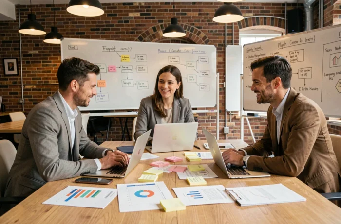 Équipe de professionnels en réunion de travail collaboratif pour booster la croissance d'une entreprise