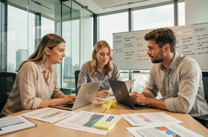 Équipe de professionnels en réunion pour planifier et simplifier la gestion administrative d'une entreprise