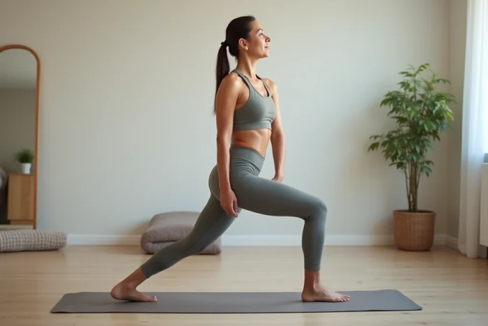 Femme réalisant un étirement modéré des quadriceps après l'effort sur un tapis de yoga dans un espace de sport à domicile