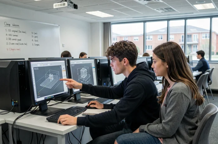 Deux étudiants en formation AutoCAD dans une salle informatique universitaire travaillant sur des modèles 3D et des exercices de dessin assisté par ordinateur
