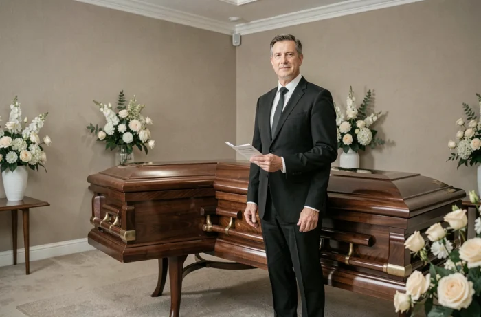 Expert funéraire en costume sombre présentant des cercueils dans un salon funéraire professionnel