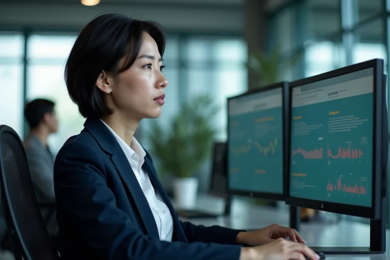 Experte en cybersécurité analysant des tableaux de bord de sécurité réseau dans un bureau tech moderne en France