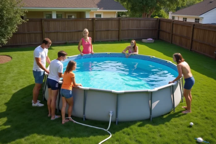 Famille profitant de la piscine Intex Metal Frame 58983 nouvellement installée dans leur jardin résidentiel