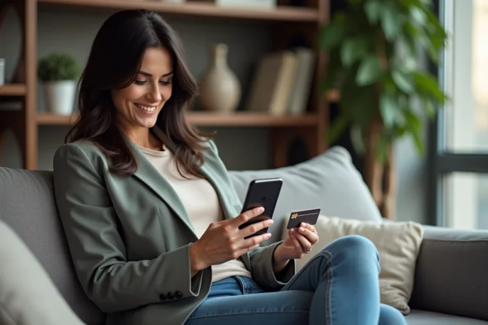 Femme faisant ses achats en ligne avec une carte cadeau Kadéos Infini depuis son canapé