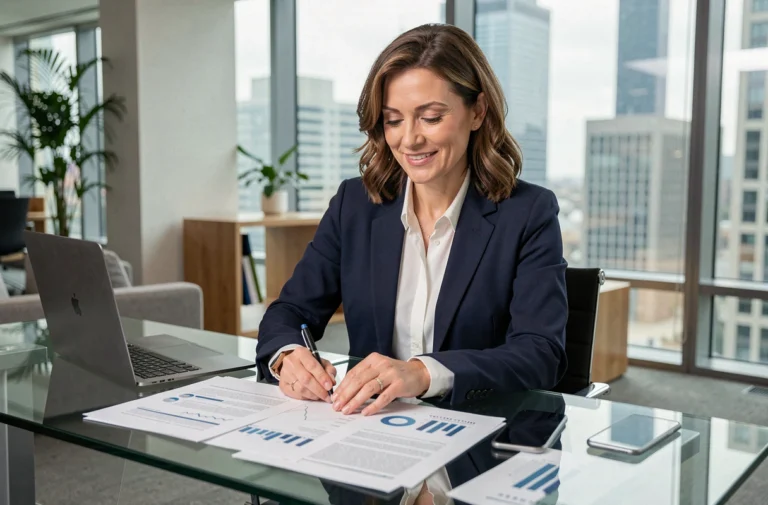 Femme d'affaires professionnelle analysant une stratégie de développement d'entreprise dans un bureau moderne