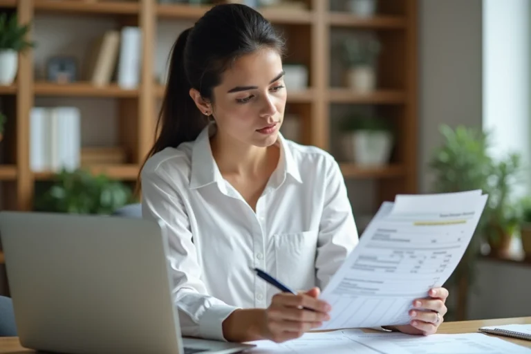 Femme analysant ses relevés bancaires et documents financiers dans un bureau à domicile moderne