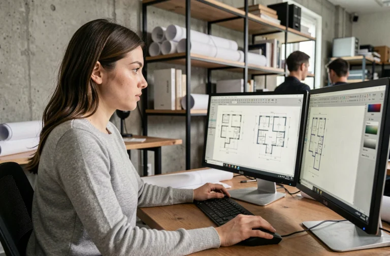 Jeune femme architecte travaillant sur AutoCAD avec deux écrans affichant des plans techniques dans un studio de design moderne