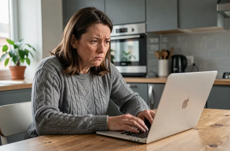 Femme inquiète regardant un email suspect sur son ordinateur portable dans sa cuisine, illustrant la détection d'une arnaque en ligne