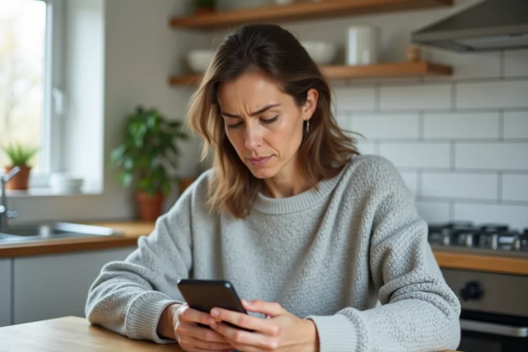 Femme inquiète consultant son téléphone en attendant un virement Mangopay sur Vinted