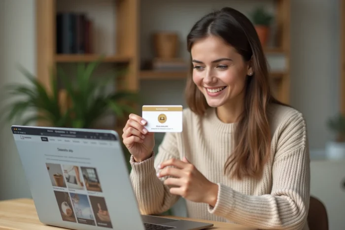 Femme tenant une carte cadeau Kadéos Infini devant un ordinateur portable pour des achats en ligne