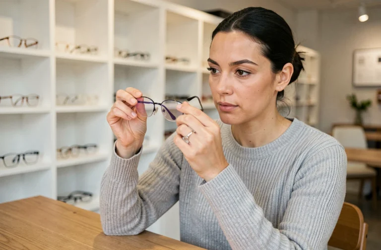 Femme examinant des verres de lunettes sans monture dans une boutique d'opticien moderne pour choisir la bonne épaisseur