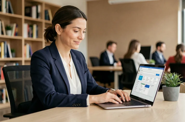 Femme professionnelle connectée à son espace client MyPeopleDoc sur un ordinateur portable dans un bureau moderne