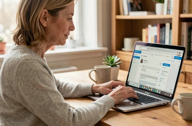 Femme d'une quarantaine d'années lisant ses emails Wanadoo sur un ordinateur portable dans un bureau à domicile chaleureux
