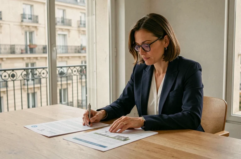 Femme inspectant des documents immobiliers avant l'achat d'un appartement à Lyon