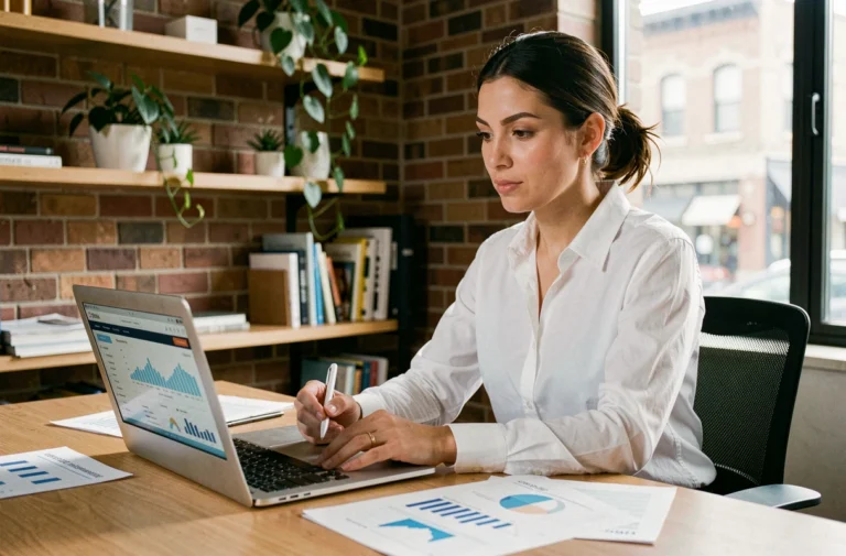 Femme entrepreneure analysant des données e-commerce sur un ordinateur portable dans un bureau moderne et chaleureux