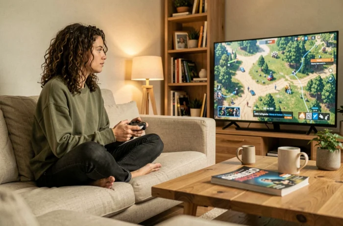 Femme joueuse détendue sur un canapé tenant une manette de jeu devant une grande télévision affichant un jeu en monde ouvert