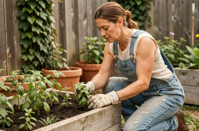 Femme jardinière transplantant des plants de basilic dans un potager surélevé en bois dans un jardin de banlieue