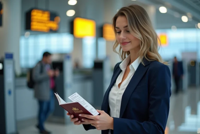 Femme mariée comparant son passeport et sa carte d'embarquement devant une borne d'enregistrement à l'aéroport