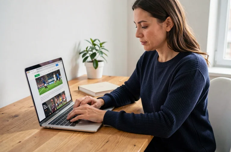 Femme consultant la carte du site Bonjour Sportif sur un ordinateur portable dans un bureau à domicile