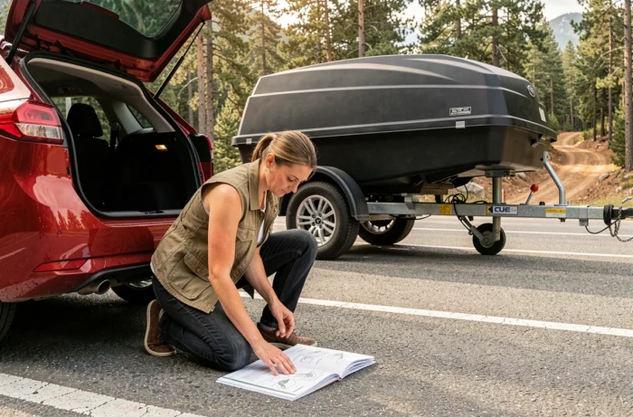 Mulher consultando um manual de montagem para instalar um baú de teto em uma bola de engate na montanha