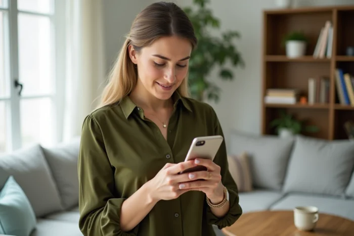 Femme consultant une notification de virement en attente sur l'application Vinted depuis son salon