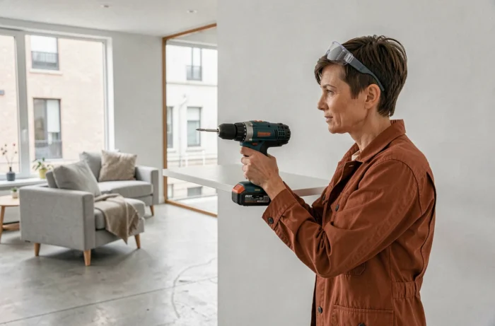 Femme utilisant une perceuse connectée pour installer une étagère dans un appartement contemporain rénové