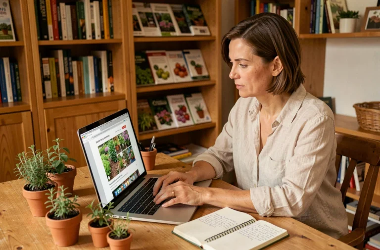 Femme consultant le plan du site Passion Jardin sur un ordinateur portable dans un bureau à domicile entouré de plantes et de livres de jardinage