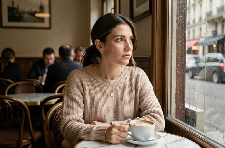 Femme seule et pensive dans un café parisien, évoquant une rupture amoureuse ou une période de doute dans un couple