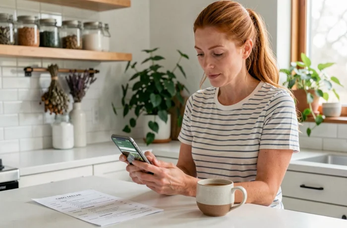 Femme utilisant son smartphone pour naviguer sur un site de jardinage dans une cuisine de style ferme moderne avec des herbes séchées et des plantes