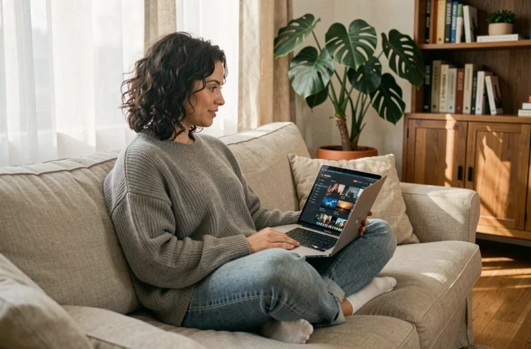 Femme regardant ses émissions en ligne sur un ordinateur portable depuis son canapé