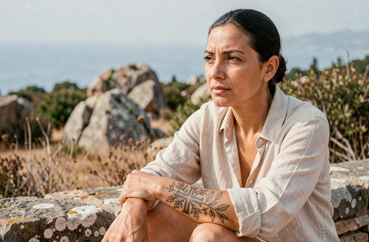 Femme avec un tatouage symbolique corse sur l'avant-bras assise sur un muret en pierre en Corse