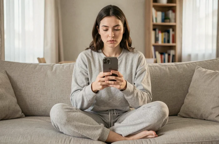 Femme seule chez elle regardant son téléphone avec une expression ambiguë, symbolisant l'incertitude dans une relation de couple