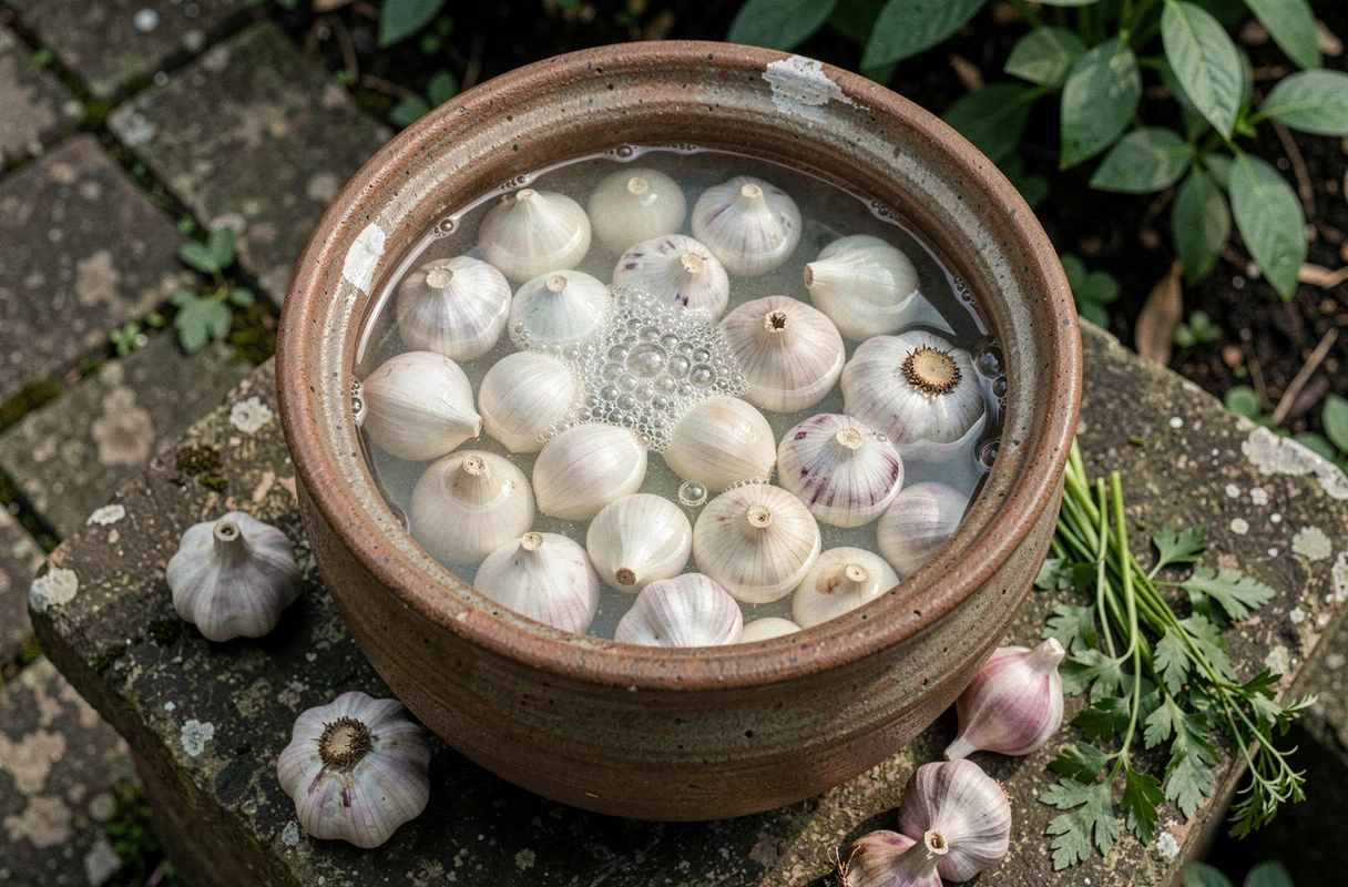 Gros plan sur une cruche en céramique contenant du purin d'ail en fermentation avec des gousses d'ail immergées posée sur une pierre de jardin