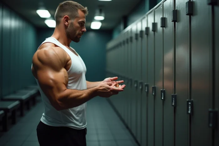 Homme en tenue de sport tenant une capsule de Fincut dans un vestiaire de salle de gym, évaluant les effets du complément minceur